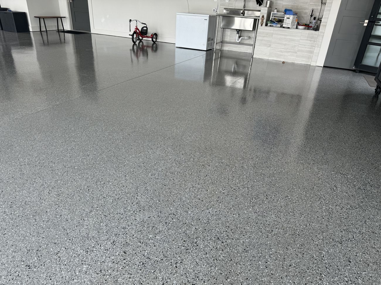 Flake epoxy garage floor coating, wide view